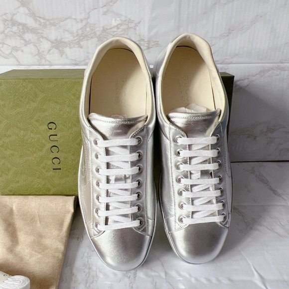 NIB Gucci Ace Mens Low top Interlocking GG Sneaker 660266 Silver Leather US 9.5 - Picture 4 of 14